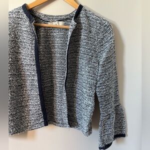 Blue patterned Loft structured cardigan / suit jacket. Great for petites!